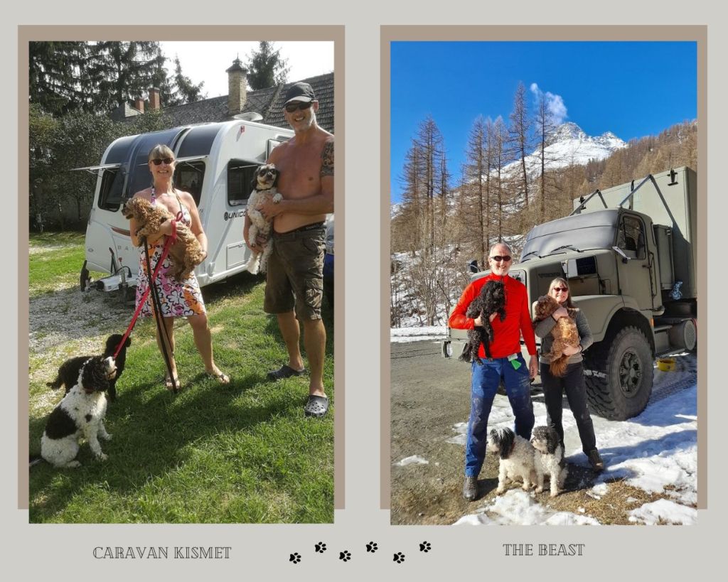 A photo montage of two photos showing Jackie Mark and The Fab Four Cavapoos (cavalier/poodle cross dogs) with their caravan, Kismet, and with The Beast, their 6x4 wheel drive army truck camper.
