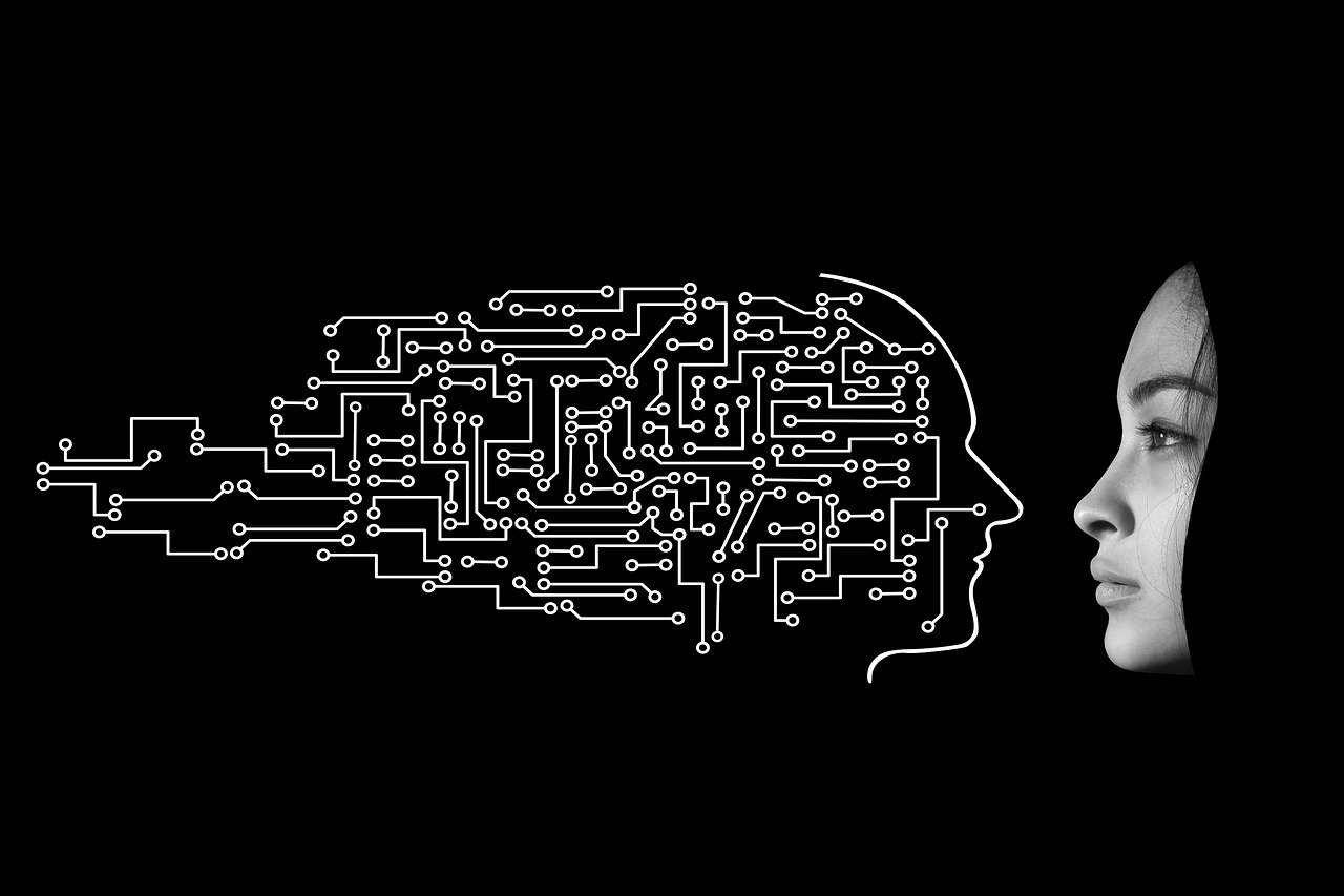 Face made of circuits facing a human woman to illustrate a conflict with artificial intelligence
