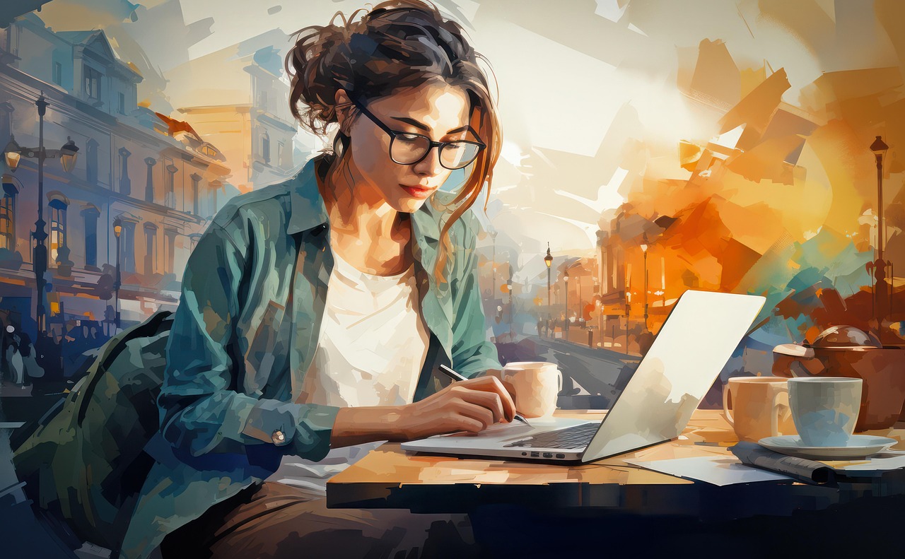 AI generated image of woman working at a laptop surrounded by coffee cups