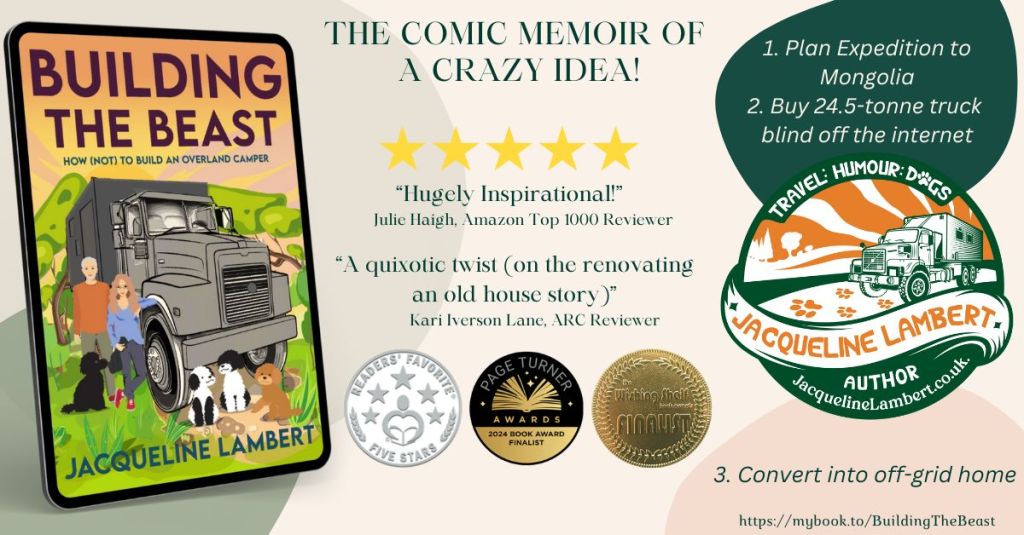 Graphic showing the book cover of Building The Beast: How (Not) To Build an Overland Camper with the caption 'The Comic Memoir of a Crazy Idea' and some book reviews