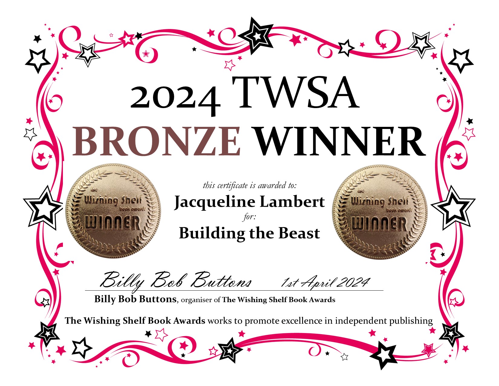 Certificate citing Jacqueline Lambert and Building The Beast as 2024 Bronze Winner in the Wishing Shelf Book Award