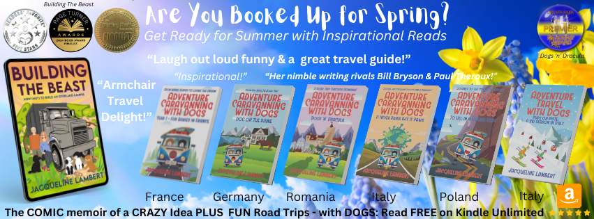 Are you booked up for Spring- image of 7 of Jacqueline Lambert's books on a spring background with customer reviews