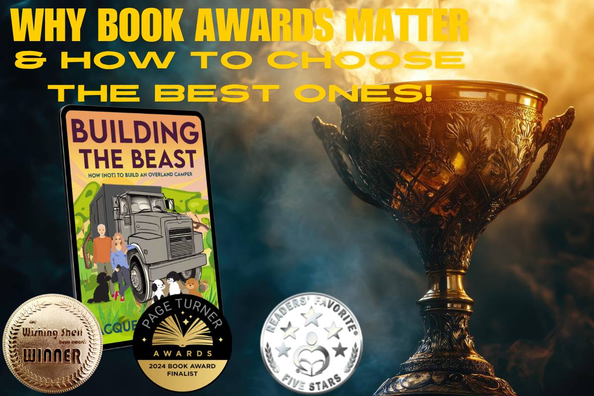 GRAPHIC SHOWING BOOK AWARDS, THE BOOK BUILDING THE BEAST BY JACQUELINE LAMBERT AND A TROPHY