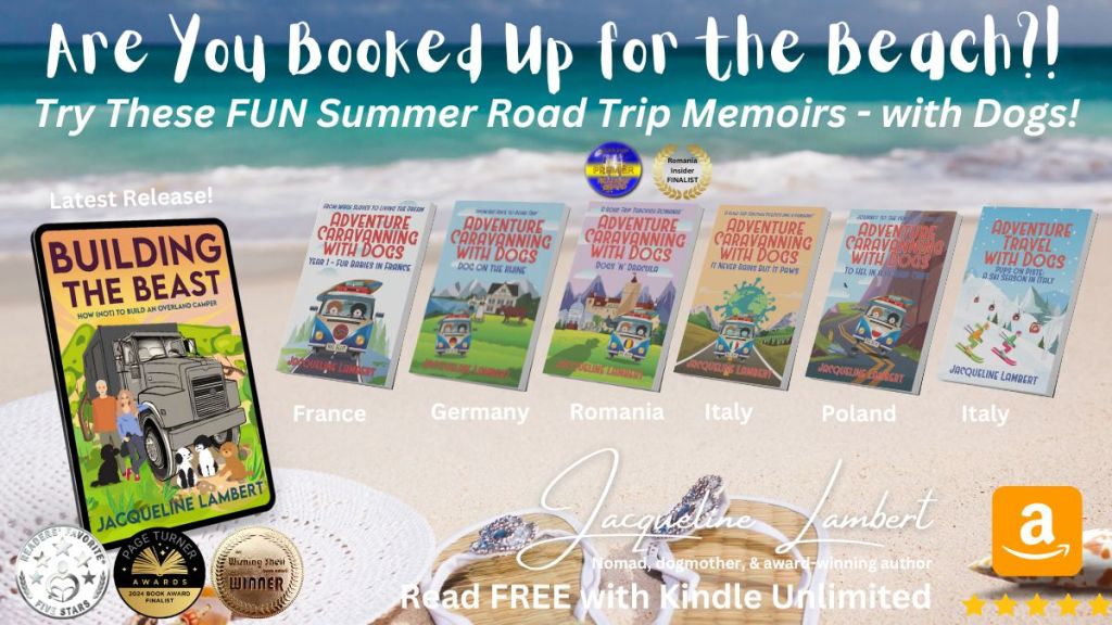 Jacqueline lambert's travel memoirs lined up on a beach background with their multiple awards and the text Are you booked up for the beach? Try these fun summer road trips with dogs
