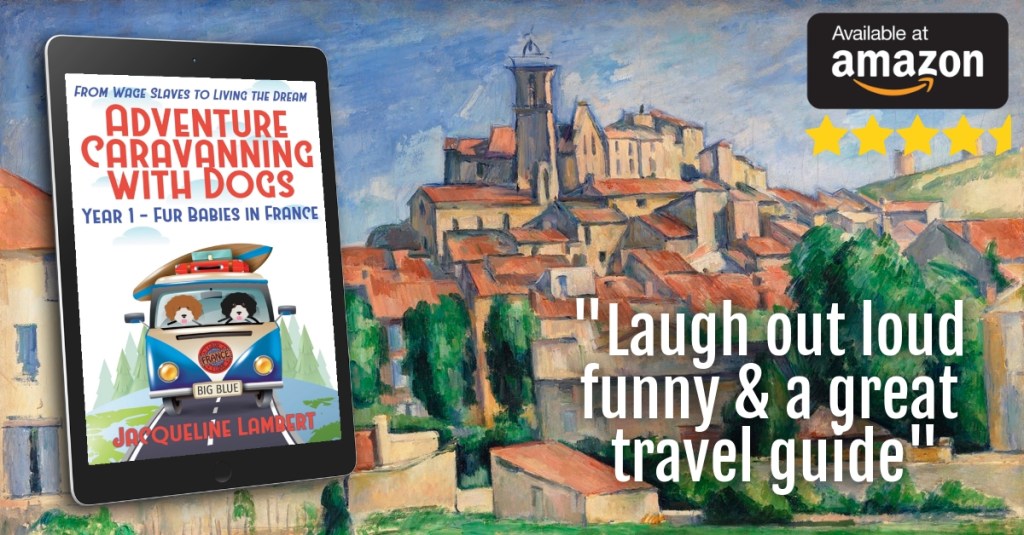 Jacqueline Lambert's travel memoir Fur Babies in France on a background of a French village with  review caption 'Laugh out loud funny and a great travel guide'