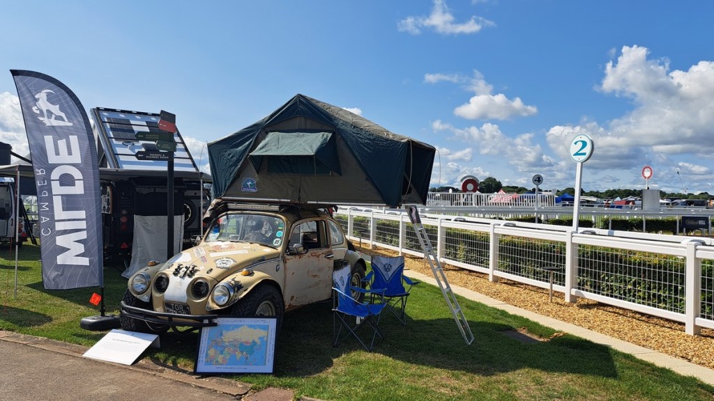 A picture of Pedro, author Fiona Easterby's 1969 Baha Beetle, a battered cream-coloured VW Beetle which has undergone many trans-continental adventures
