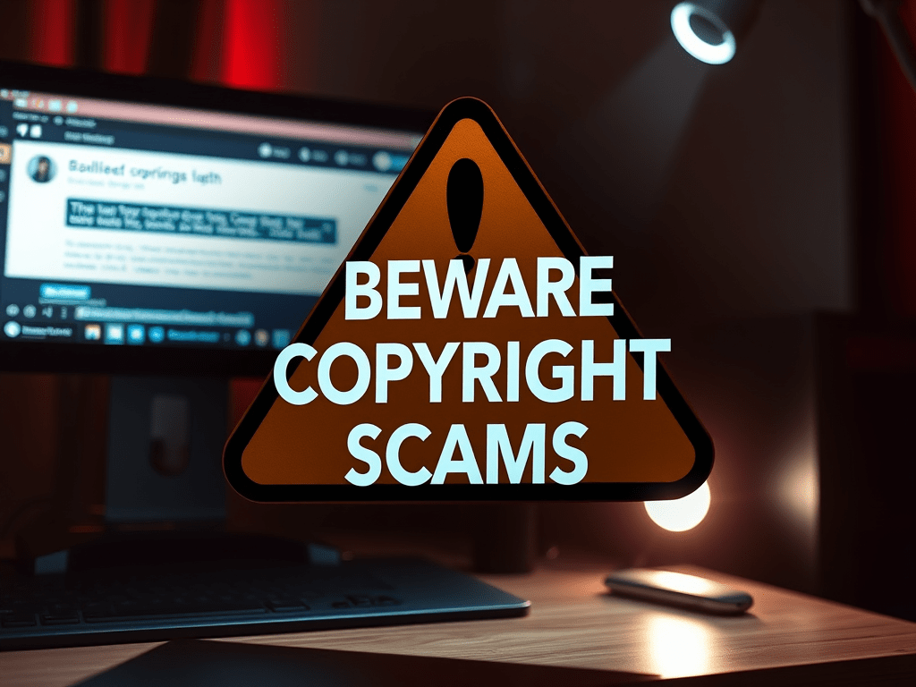 Image with computer screen and caption Beware Copyright Scams