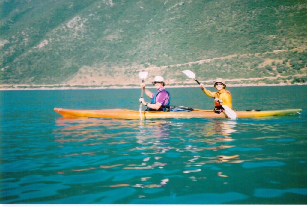 Author Jacquline Lambert in a sea kayak with husband Mark in the Greek islands
