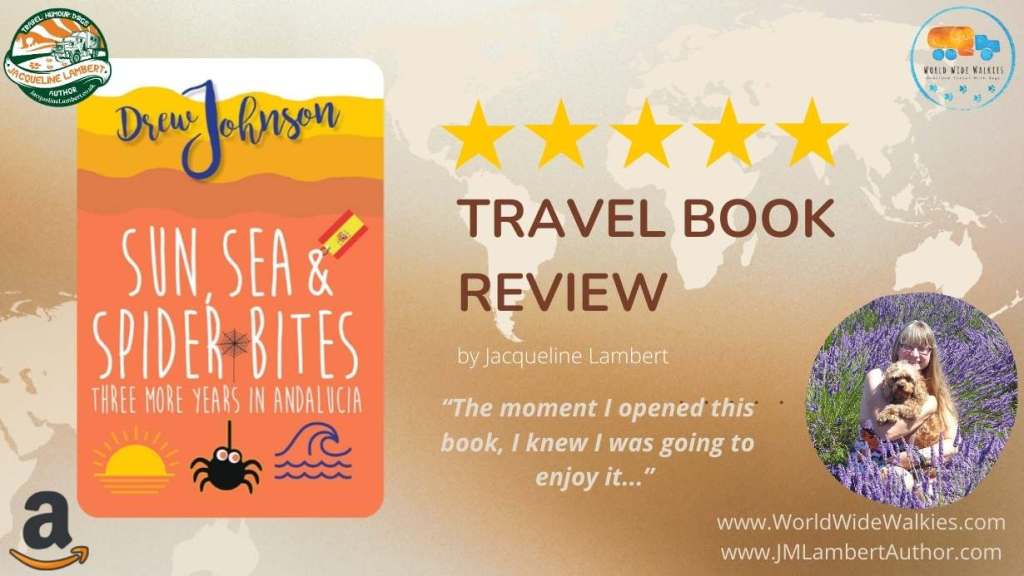 Header image showing Drew Johnson's book Sun Sea and Spider Bites with review quote Warm, observant, and very funny