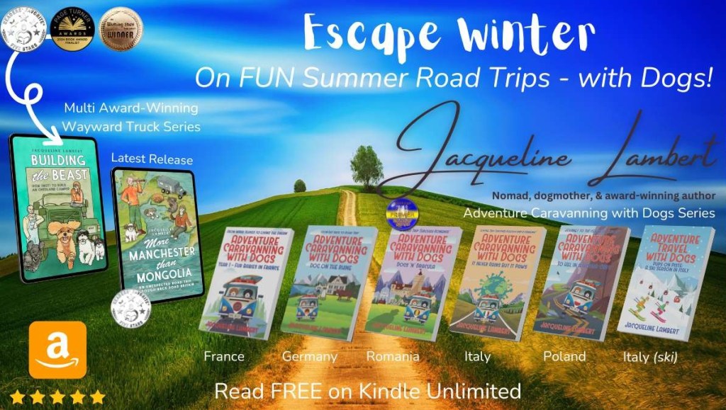 Jacqueline Lambert's multi-award-winning Wayward Truck and Adventure Caravanning With Dogs series of comic memoirs pictured with a background of a pretty dirt road in the countriside & caption'Curious about life on the road' caption, followed by 'Fun Action-Packed Road Trip Memoirs - with Dogs!'