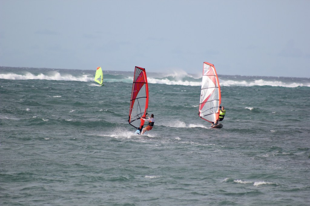 Author Jacqueline Lambert and husband mark windsurfing, Kanaha, Maui, Hawaii