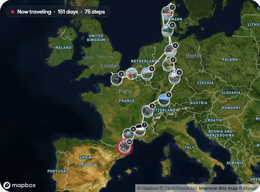 Map showing the route taken by The Beast and the World Wide Walkies crew in 2025, from Newhaven, UK, via Dieppe, to the north of Denmark, and south to the Spanish border.