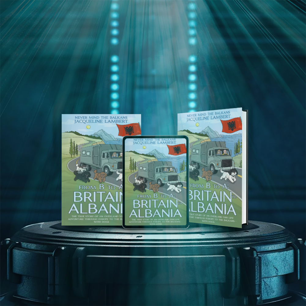 The cover reveal of Jacqueline Lambert's new funny travel memoir, From B to A: From Britain to Albania showing both the e book and paperback covers on a pedastal with futuristic lighting behind