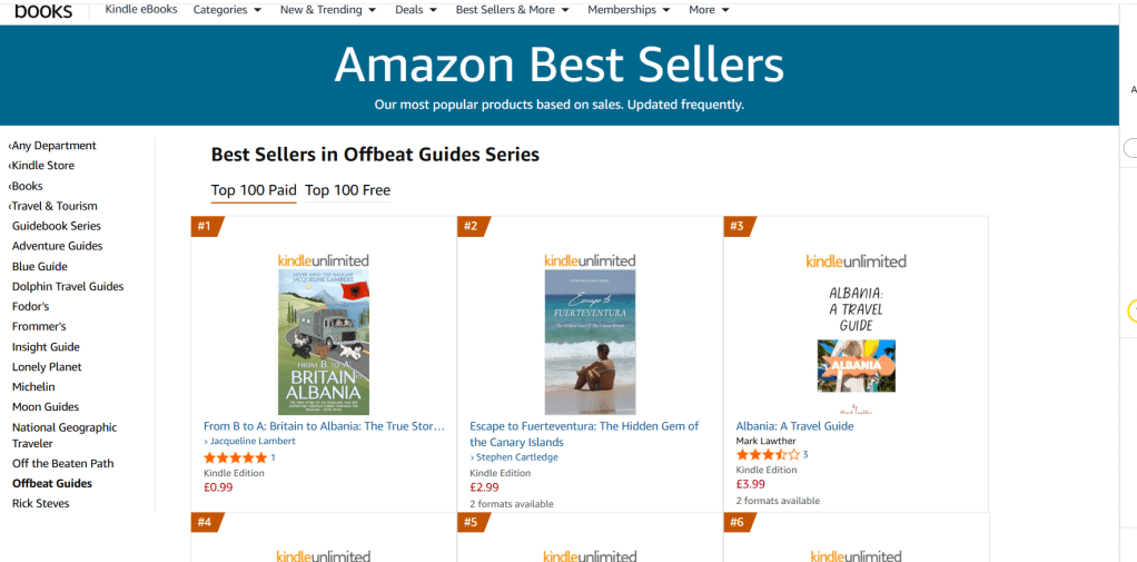 Screenshot showing Jacqueline Lambert's travel book From B to A: Britain to Albania as an Amazon bestseller