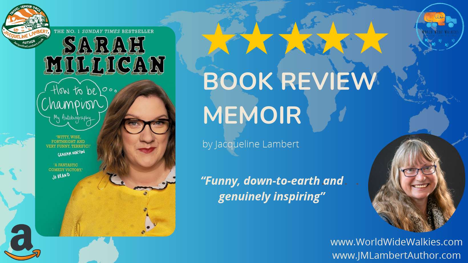 Cover of Comedian Sarah Millican's memoir 'How to be Champion' with title Book Review Memoir and a quote from Jacqueline Lambert's review