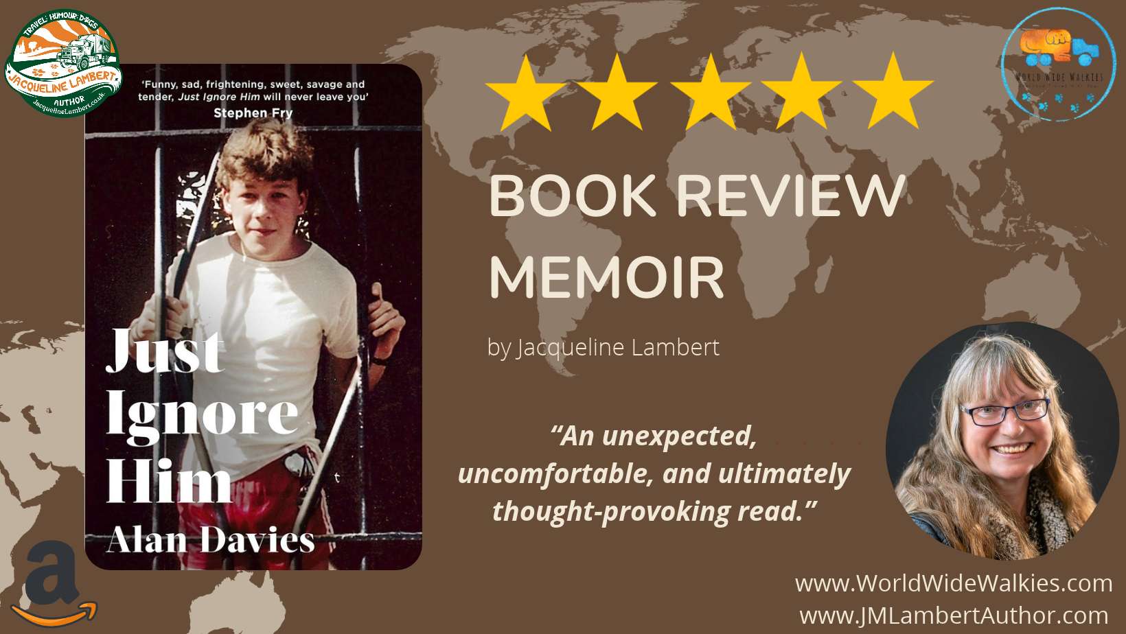 Cover of Comedian Alan Davies's memoir 'Just Ignore HIm' with title Book Review Memoir and a quote from Jacqueline Lambert's review